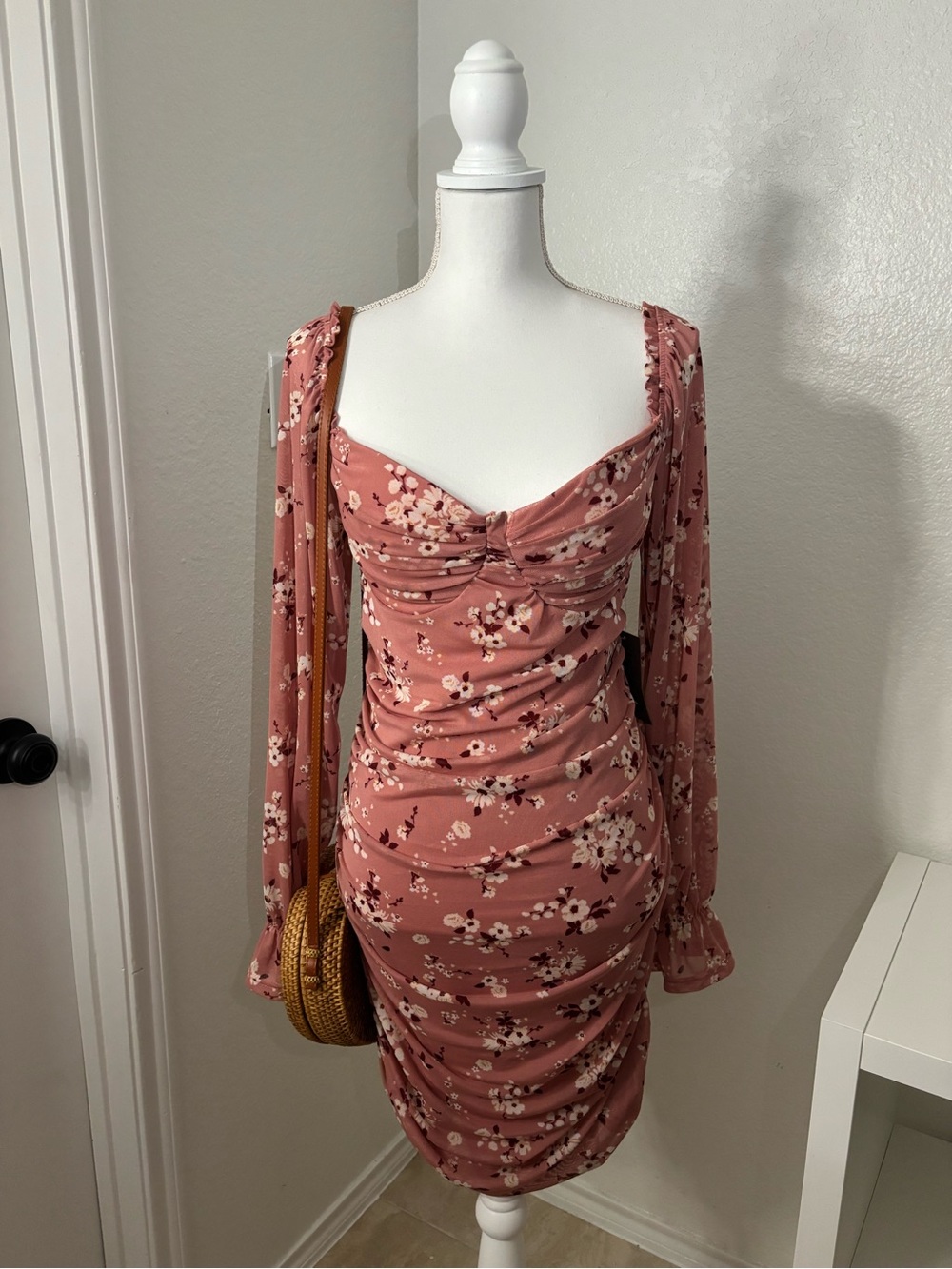 J for Justify Dusty Rose Floral Long Sleeve Ruched Dress
